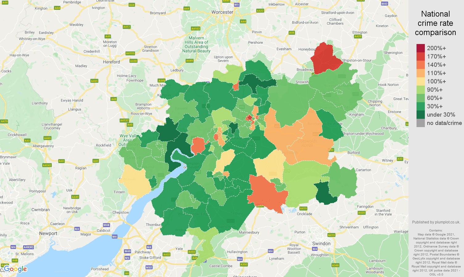 Gloucester burglary crime rate comparison map
