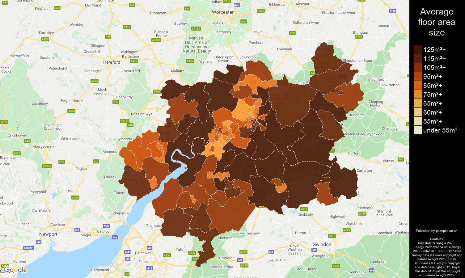 Gloucester map of average floor area size of houses