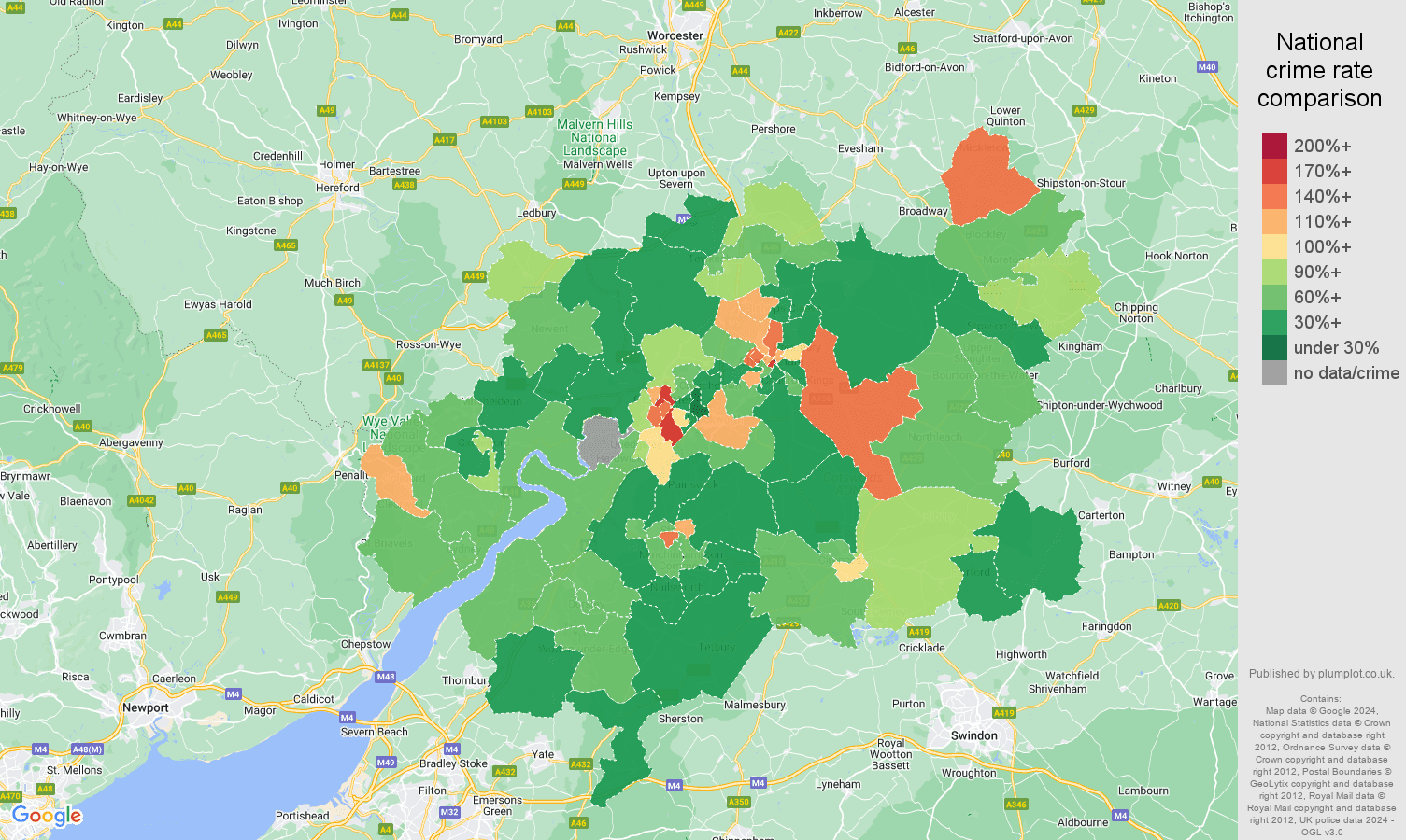 Gloucester other theft crime rate comparison map