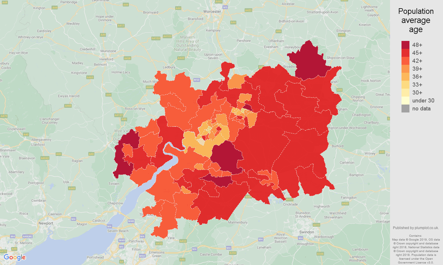 Gloucester population average age map