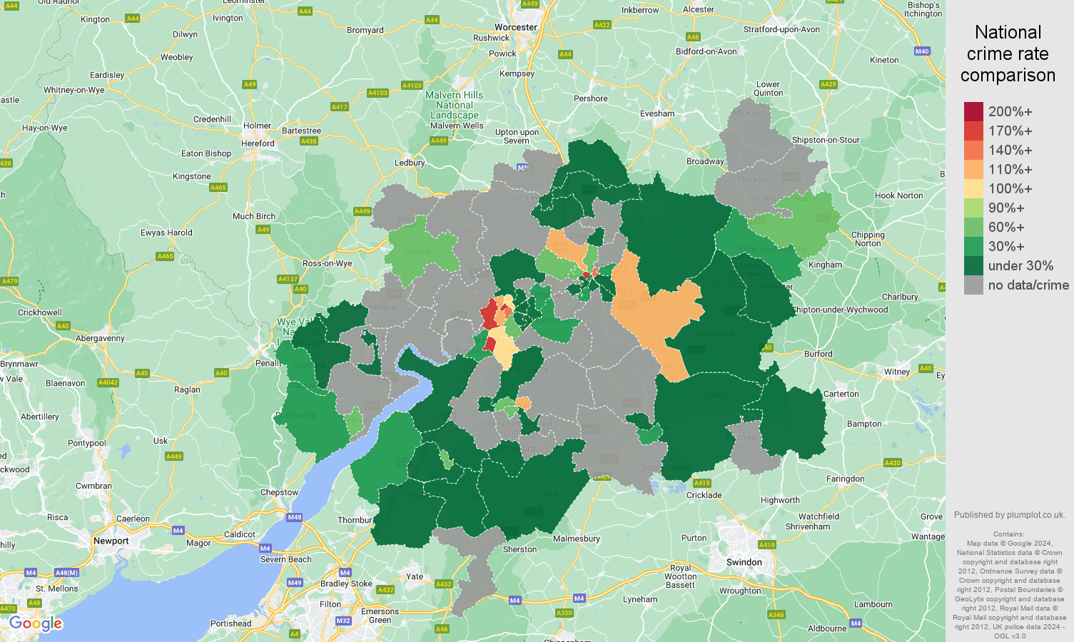 Gloucester robbery crime rate comparison map