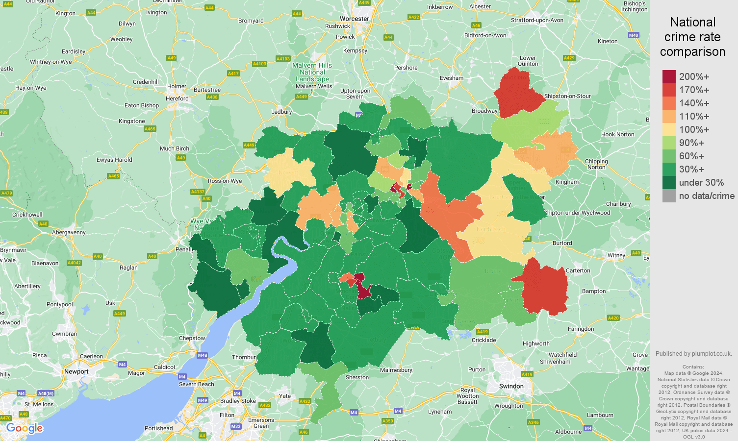 Gloucester vehicle crime rate comparison map