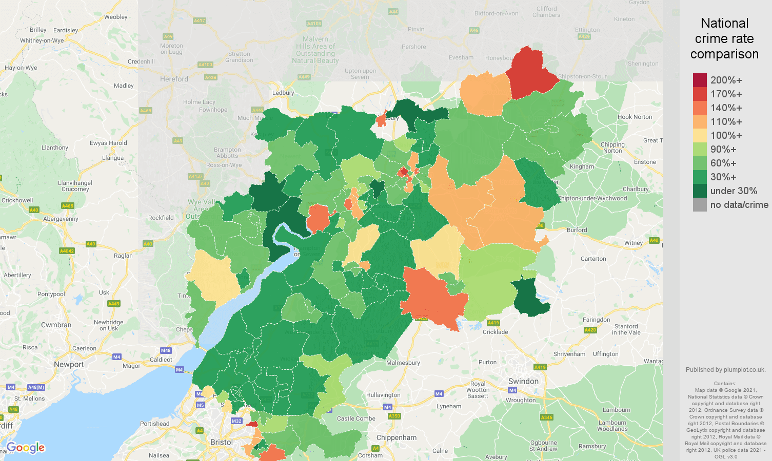 Gloucestershire burglary crime rate comparison map