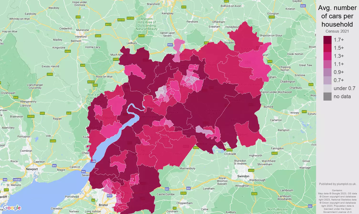 Gloucestershire cars per household map