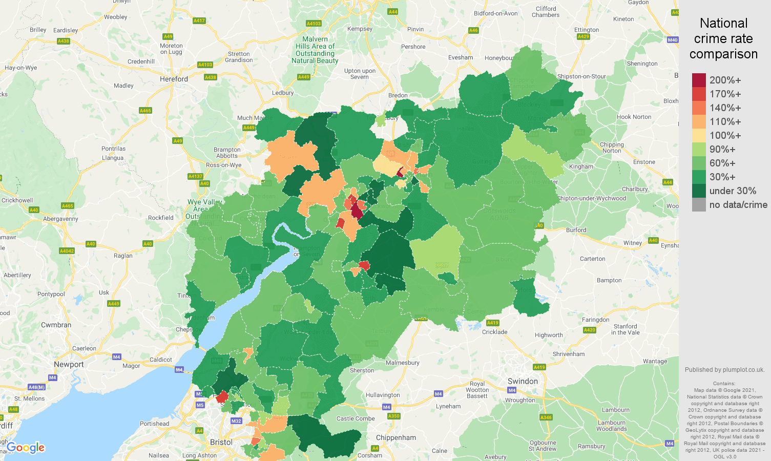 Gloucestershire criminal damage and arson crime rate comparison map