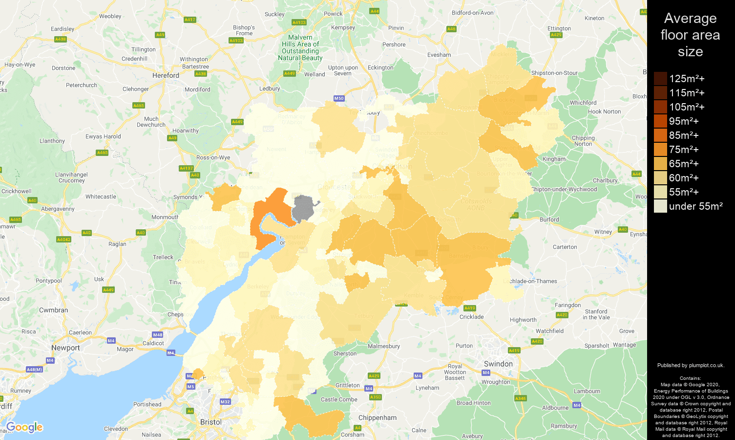 Gloucestershire map of average floor area size of flats
