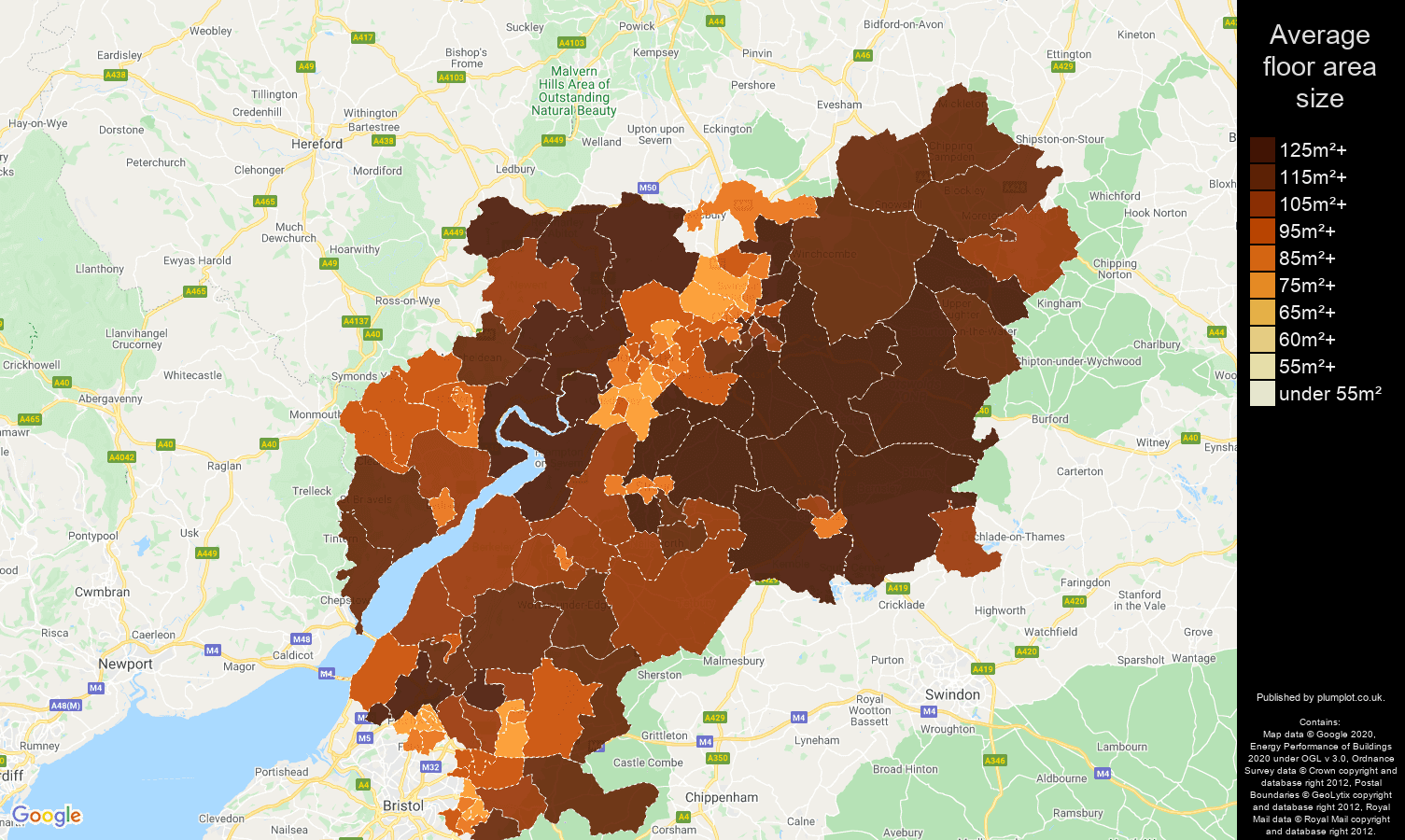 Gloucestershire map of average floor area size of houses
