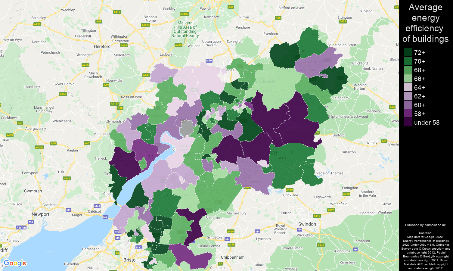 Gloucestershire map of energy efficiency of flats