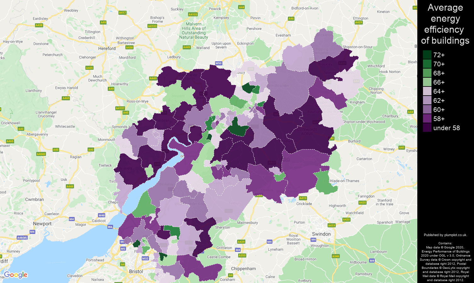 Gloucestershire map of energy efficiency of properties