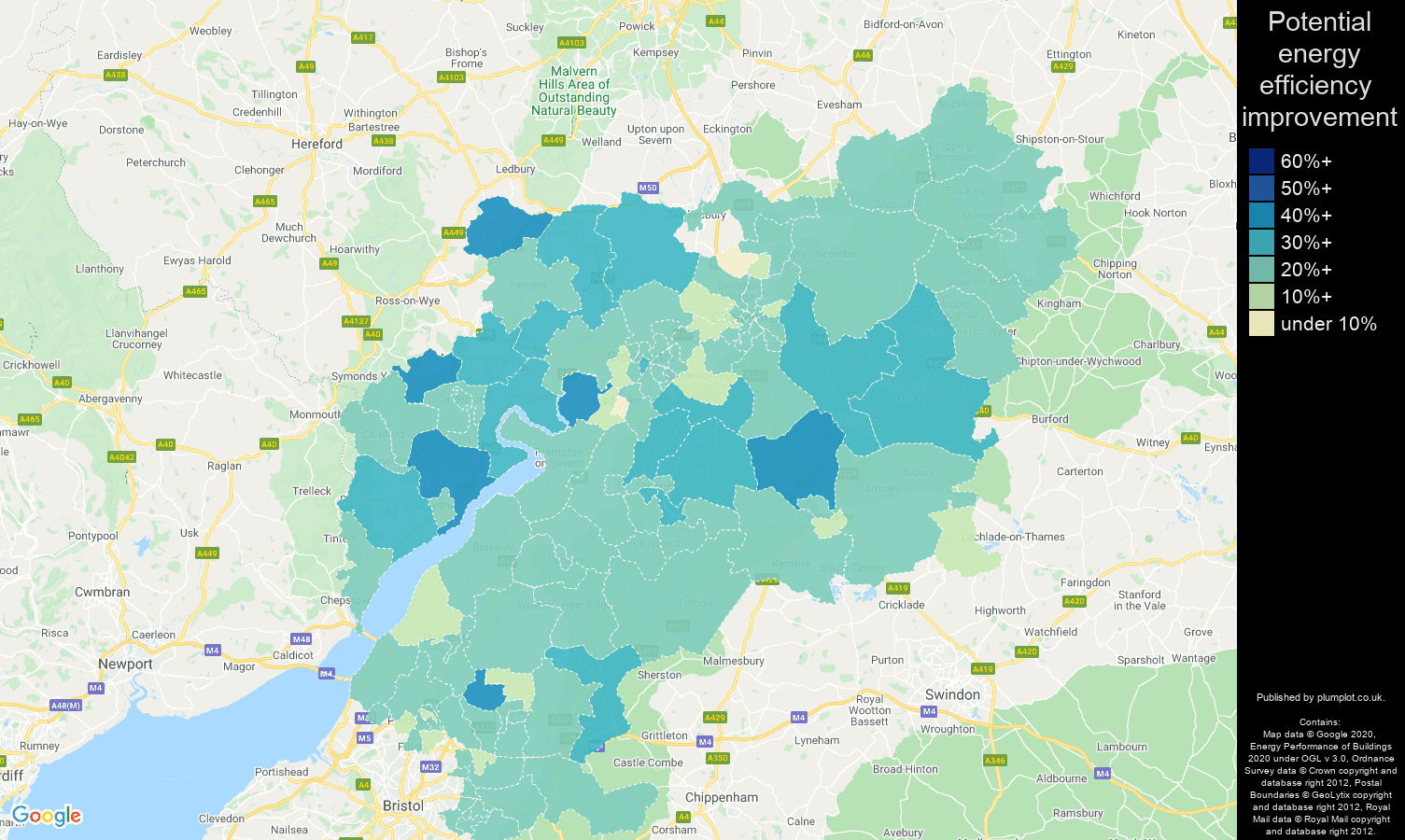 Gloucestershire map of potential energy efficiency improvement of houses