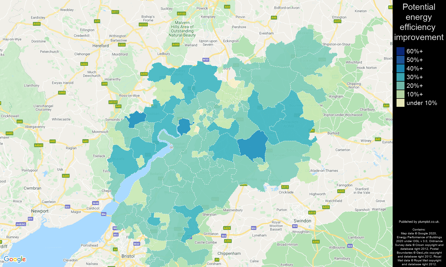 Gloucestershire map of potential energy efficiency improvement of properties