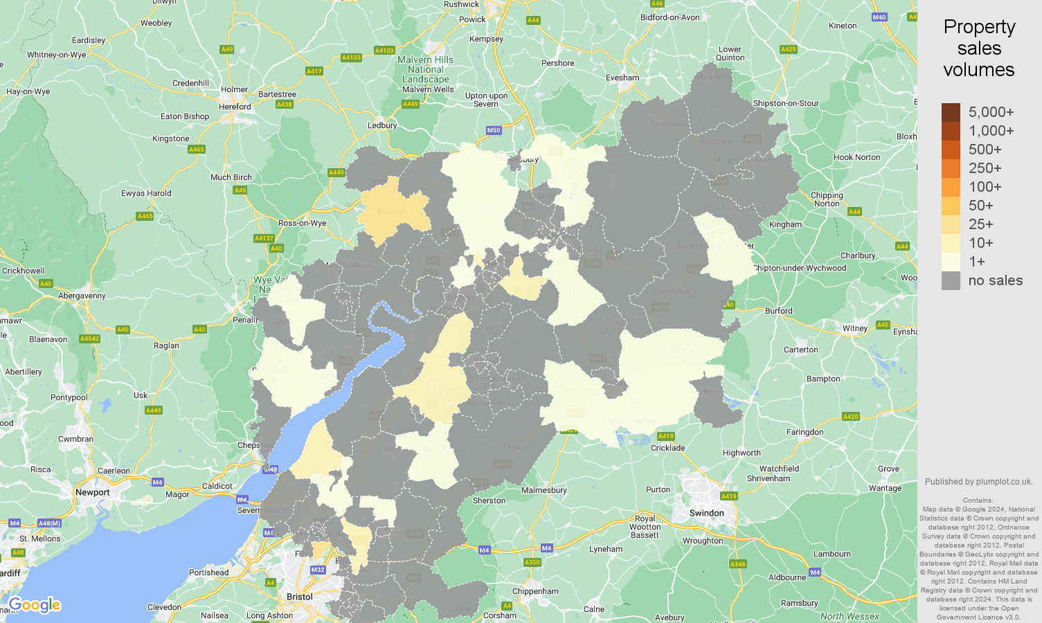 Gloucestershire map of sales of new properties