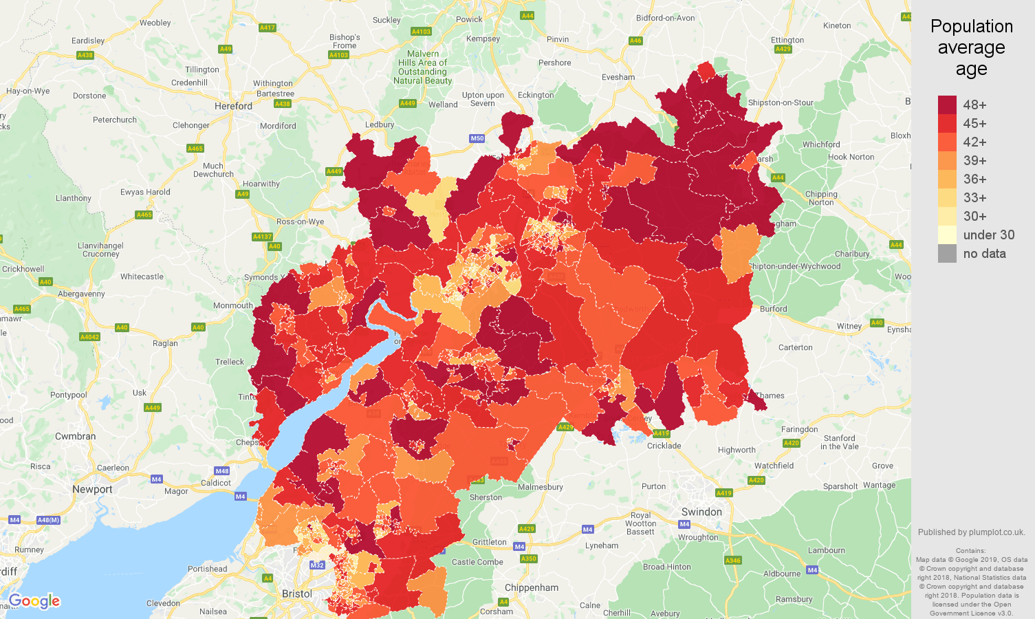Gloucestershire population average age map