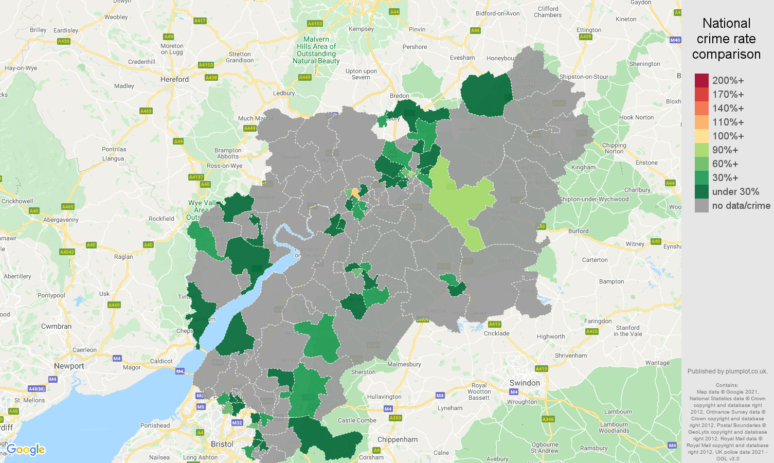 Gloucestershire theft from the person crime rate comparison map
