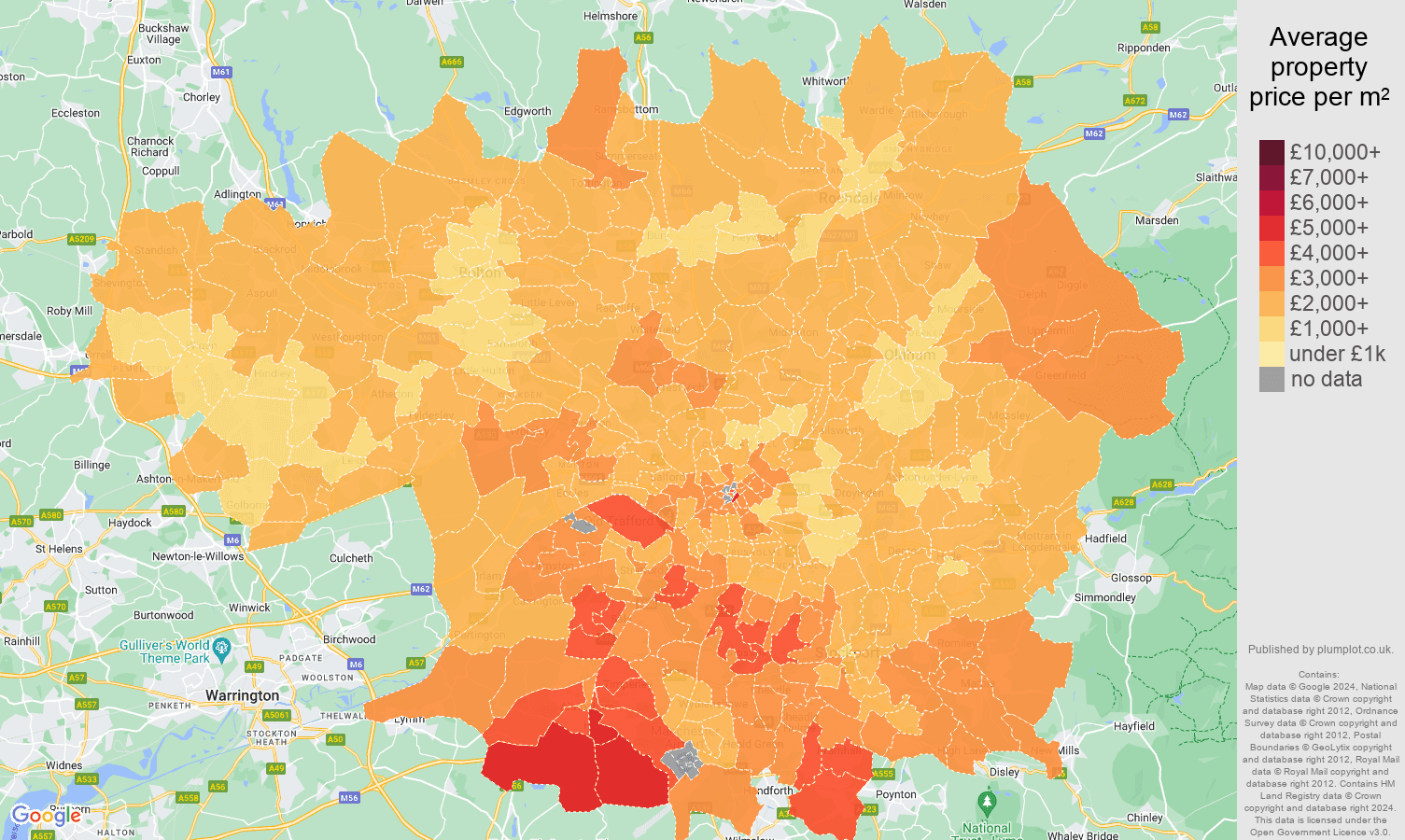 Greater Manchester house prices per square metre map