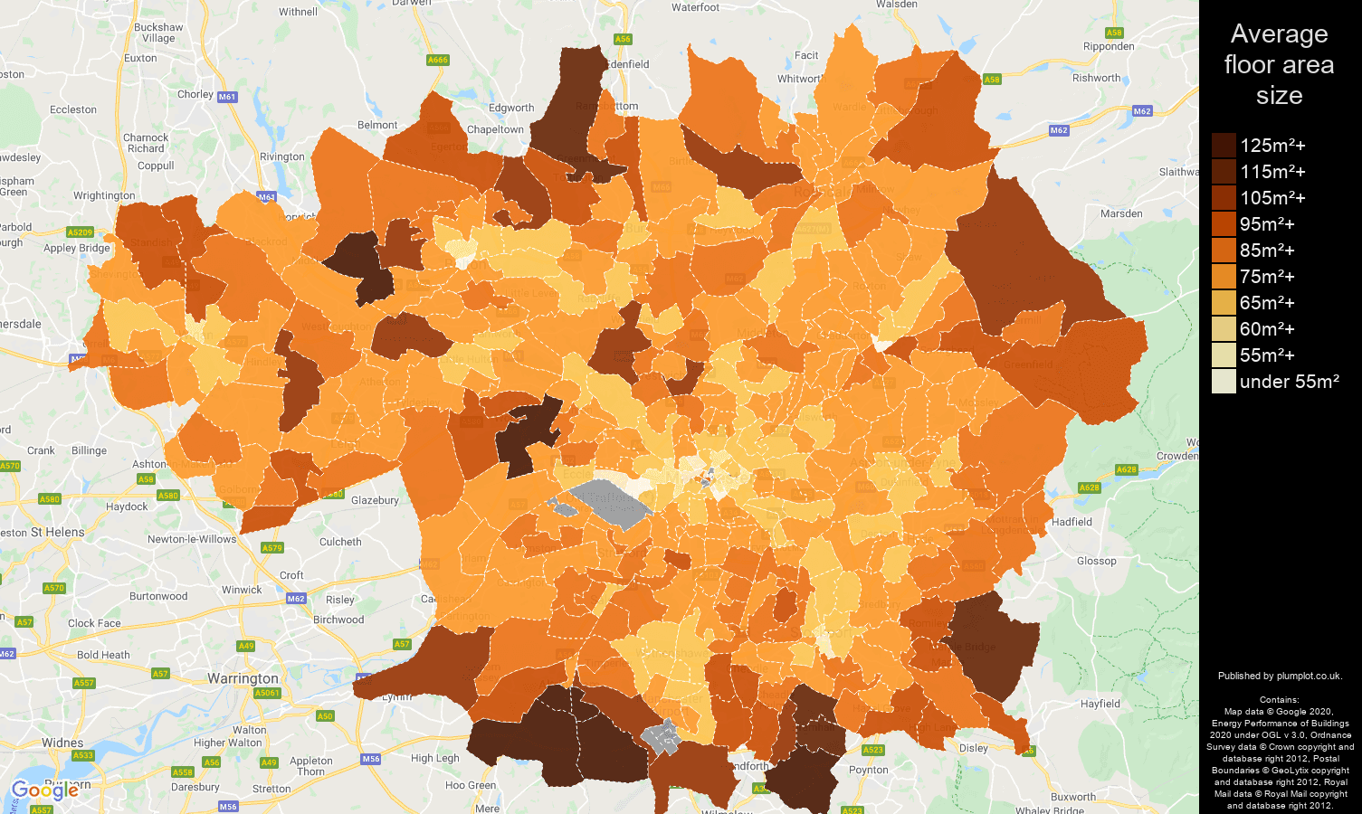 Greater Manchester map of average floor area size of properties