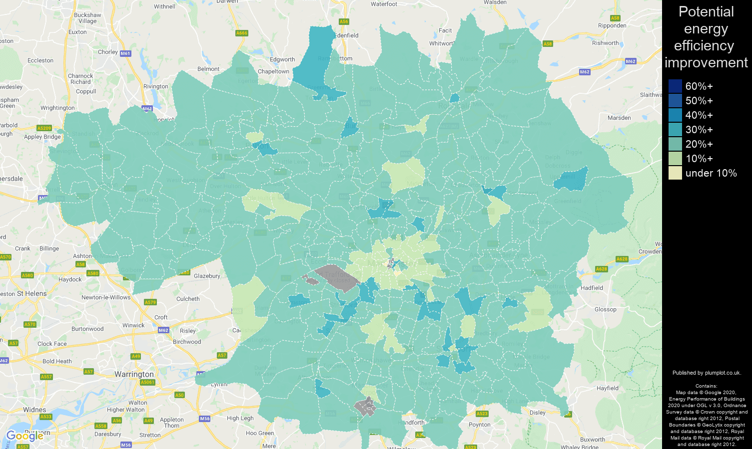 Greater Manchester map of potential energy efficiency improvement of houses