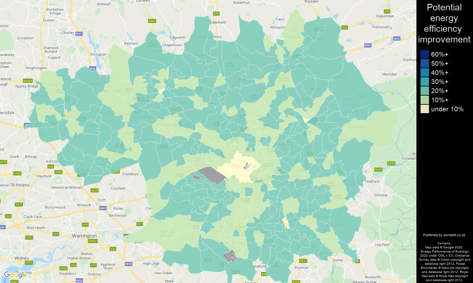Greater Manchester map of potential energy efficiency improvement of properties
