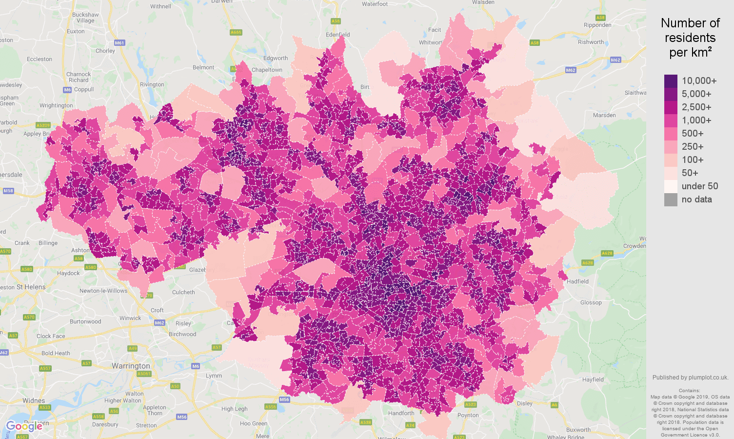 Greater Manchester population density map