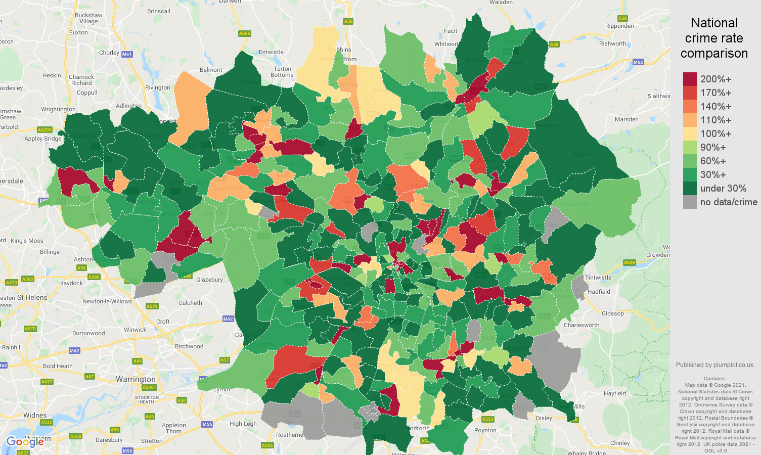 Greater Manchester shoplifting crime rate comparison map