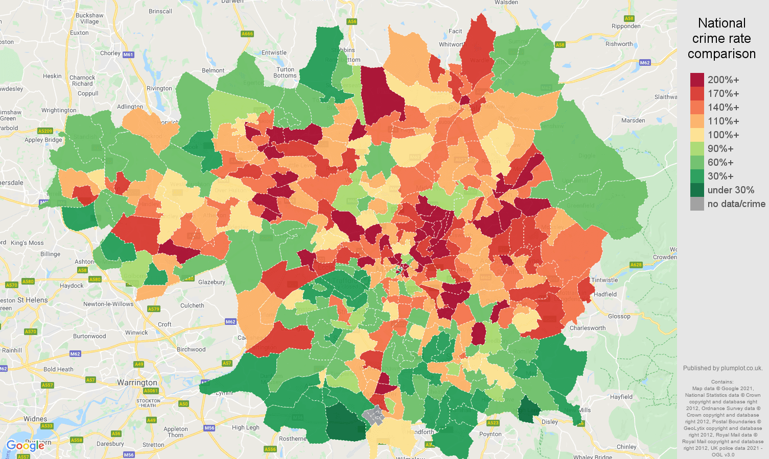 Greater Manchester violent crime rate comparison map