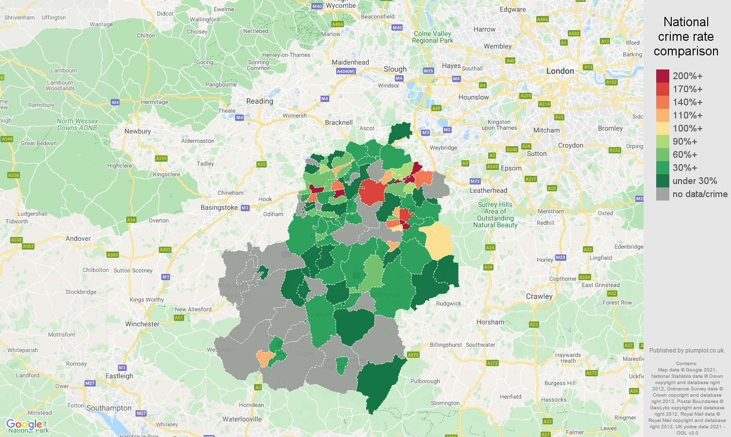 Guildford bicycle theft crime rate comparison map