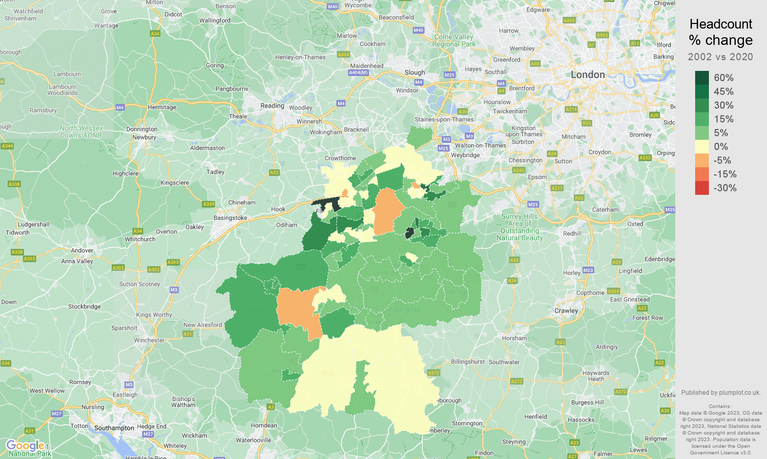 Guildford headcount change map