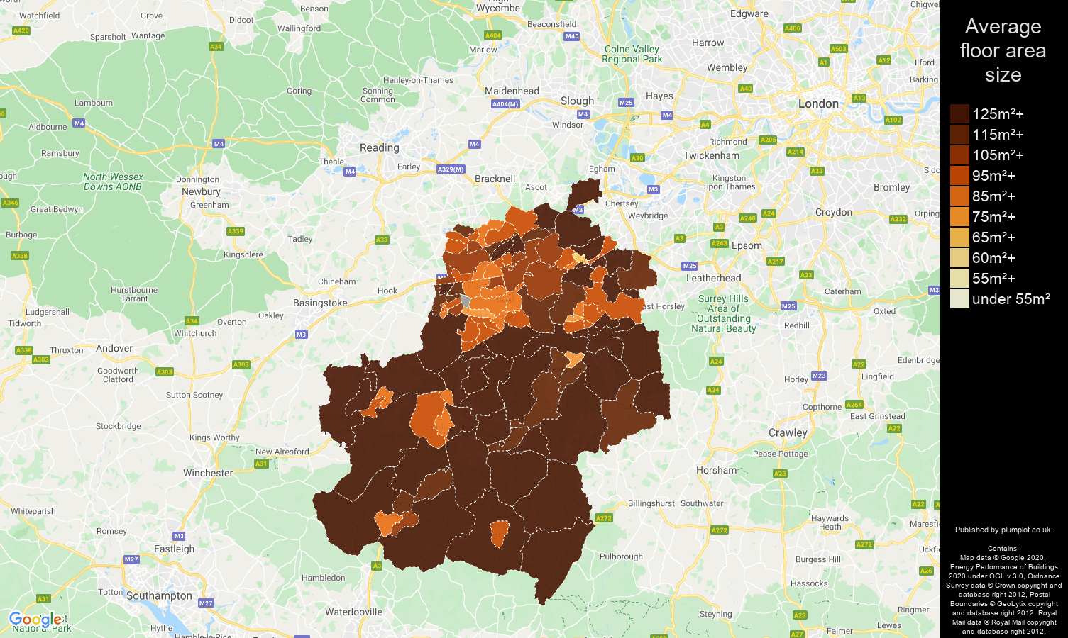 Guildford map of average floor area size of houses