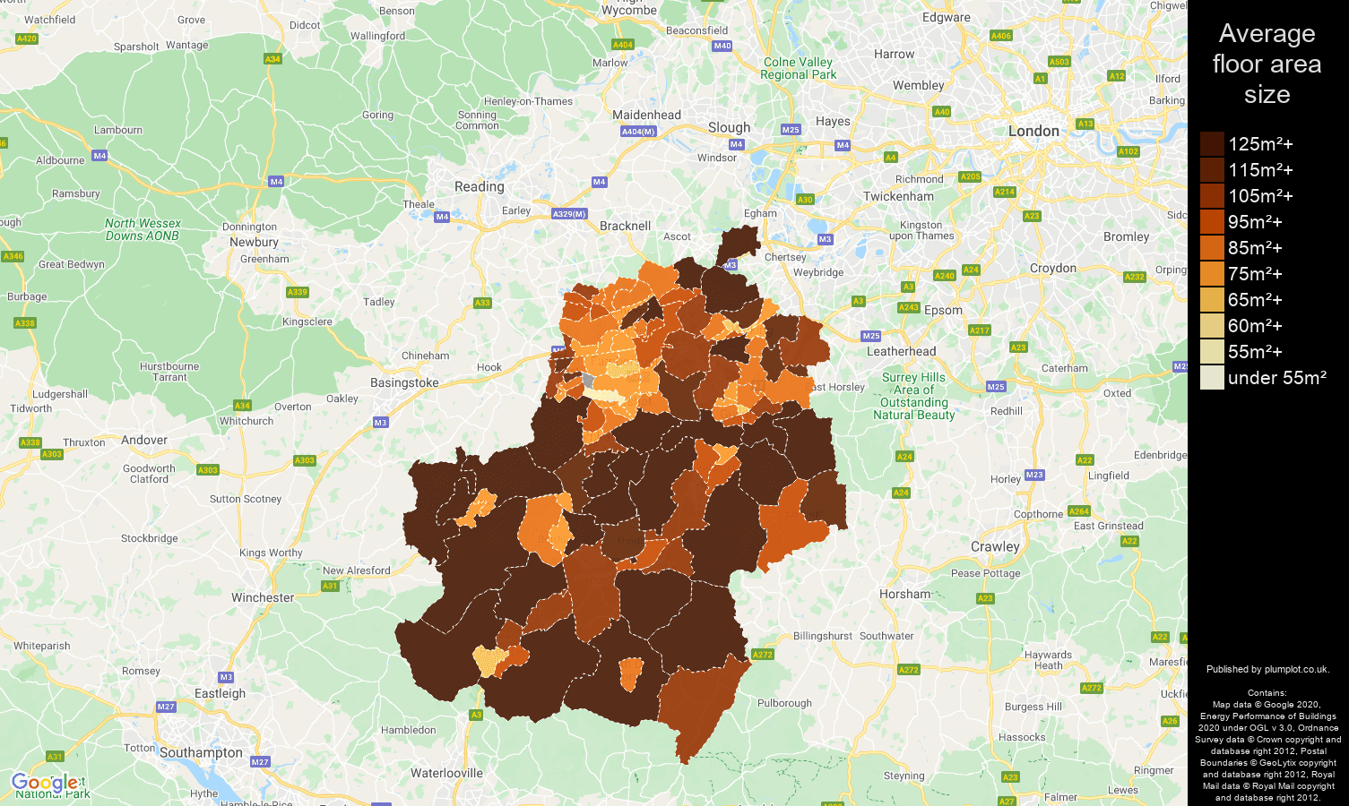 Guildford map of average floor area size of properties