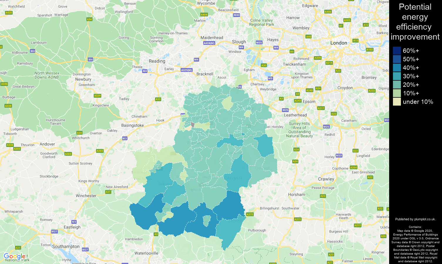 Guildford map of potential energy efficiency improvement of houses