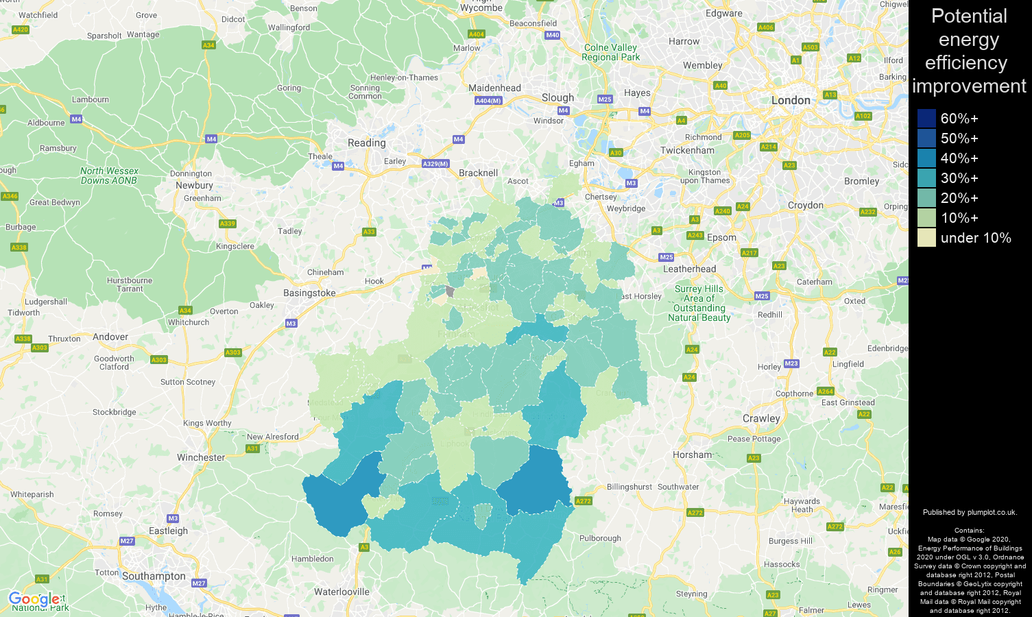 Guildford map of potential energy efficiency improvement of properties