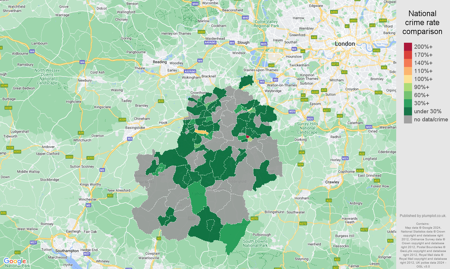 Guildford theft from the person crime rate comparison map