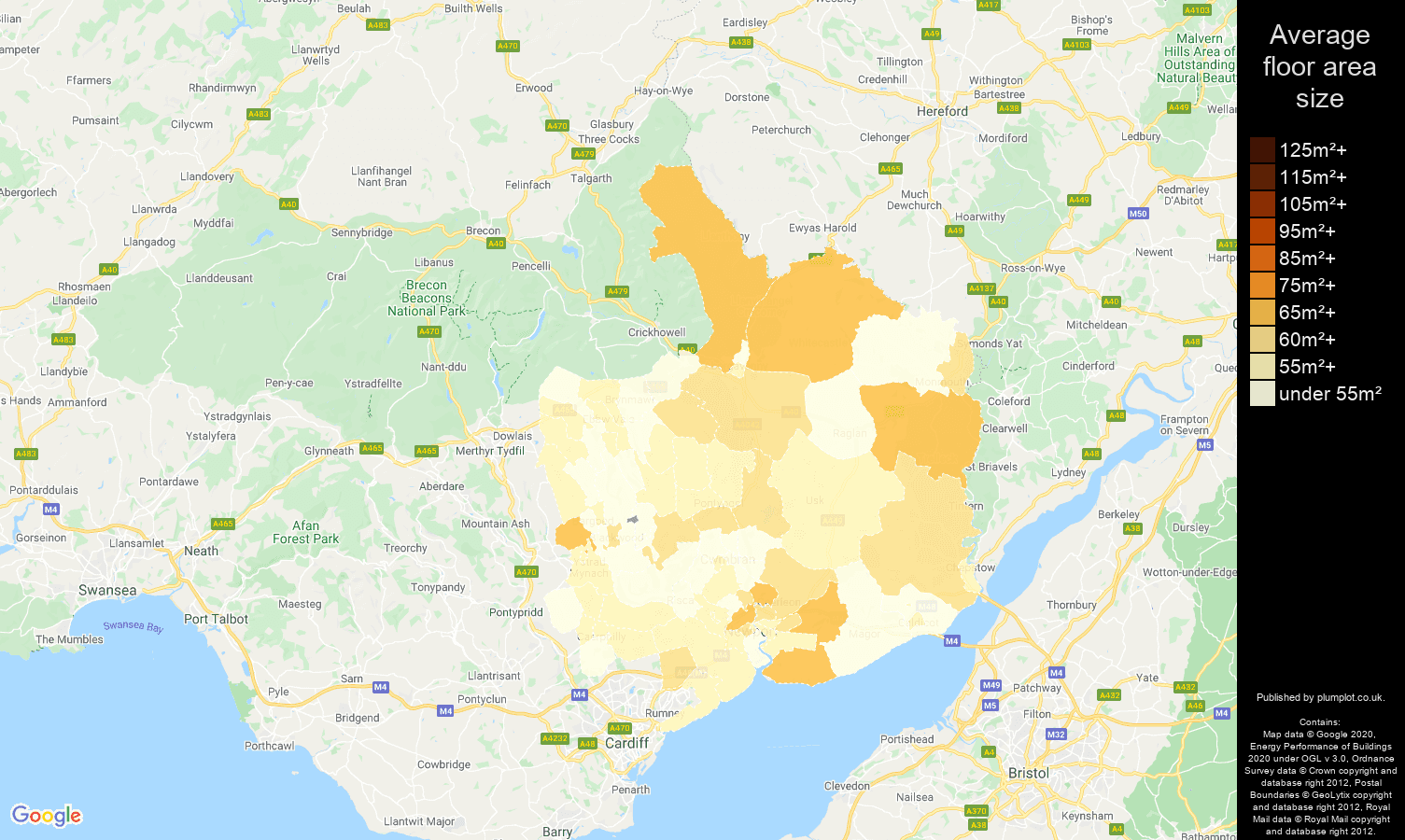 Gwent map of average floor area size of flats