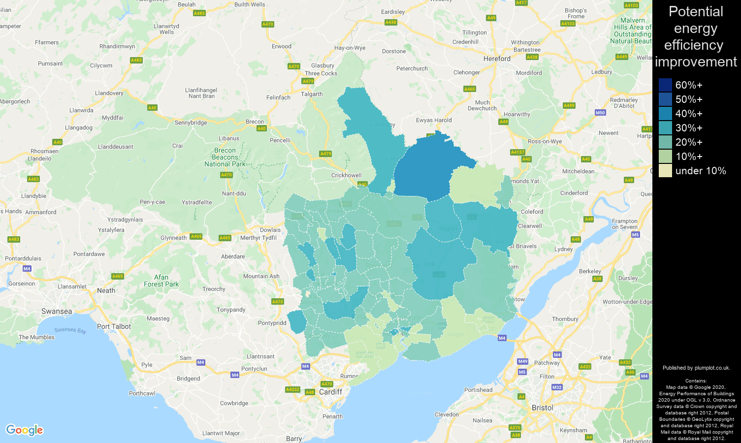 Gwent map of potential energy efficiency improvement of houses