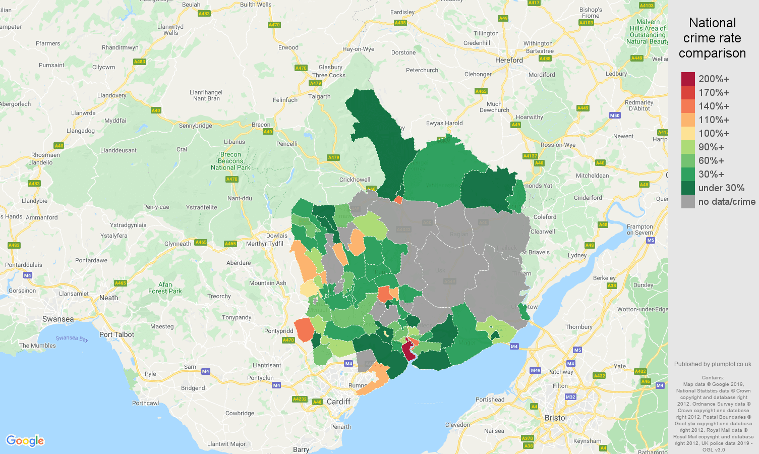 Gwent possession of weapons crime rate comparison map