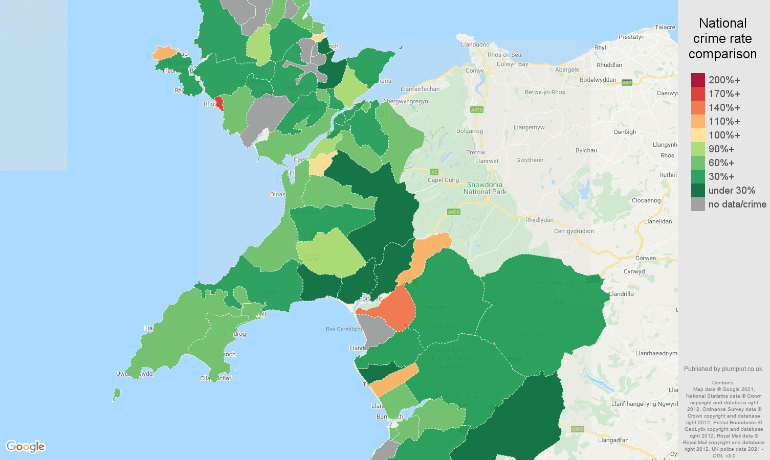 Gwynedd burglary crime rate comparison map