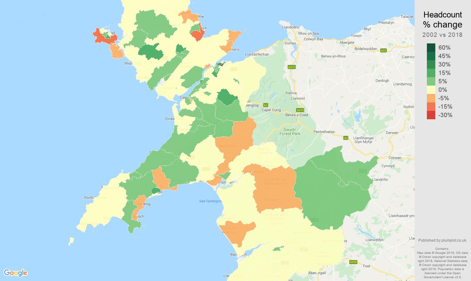 Gwynedd headcount change map