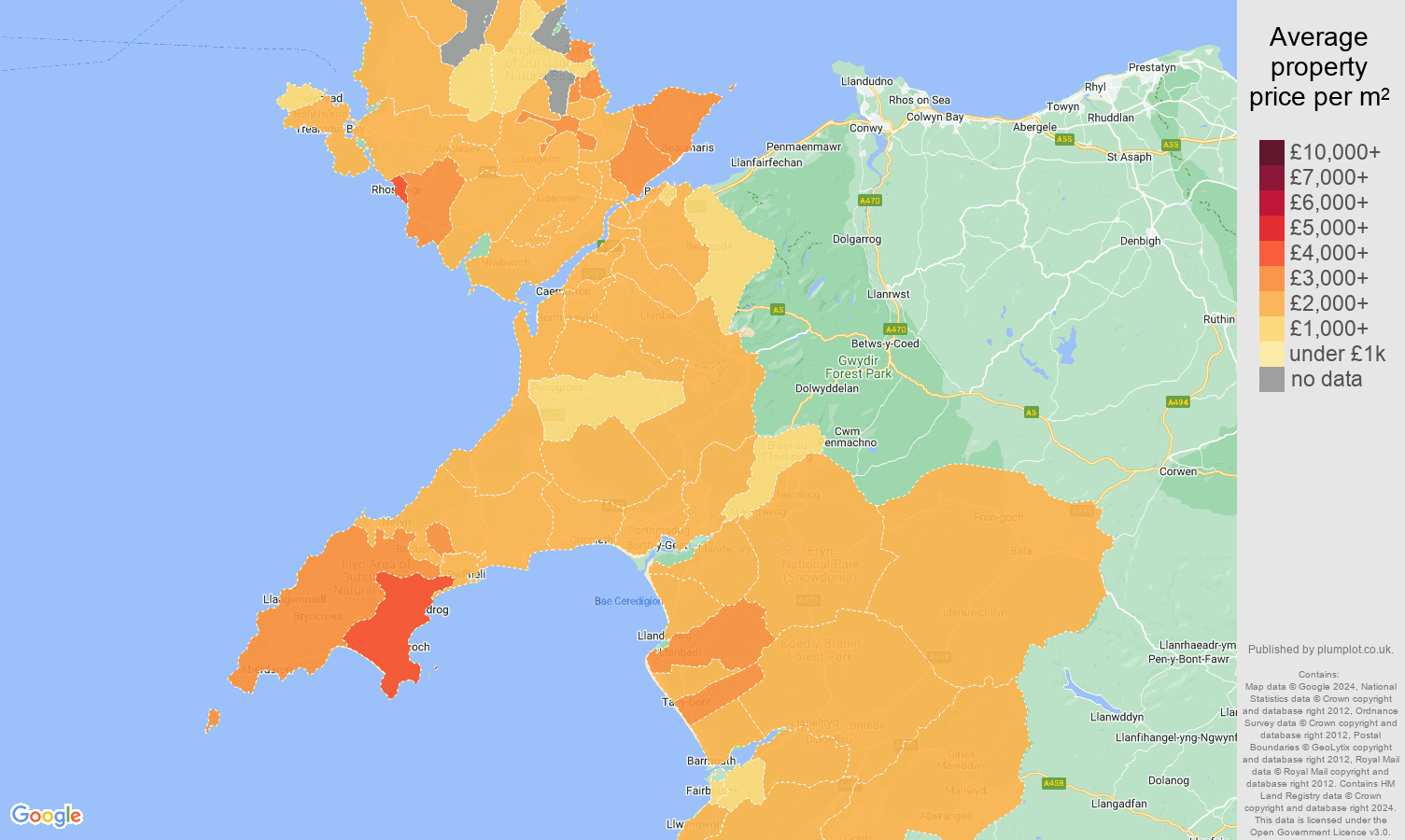 Gwynedd house prices per square metre map