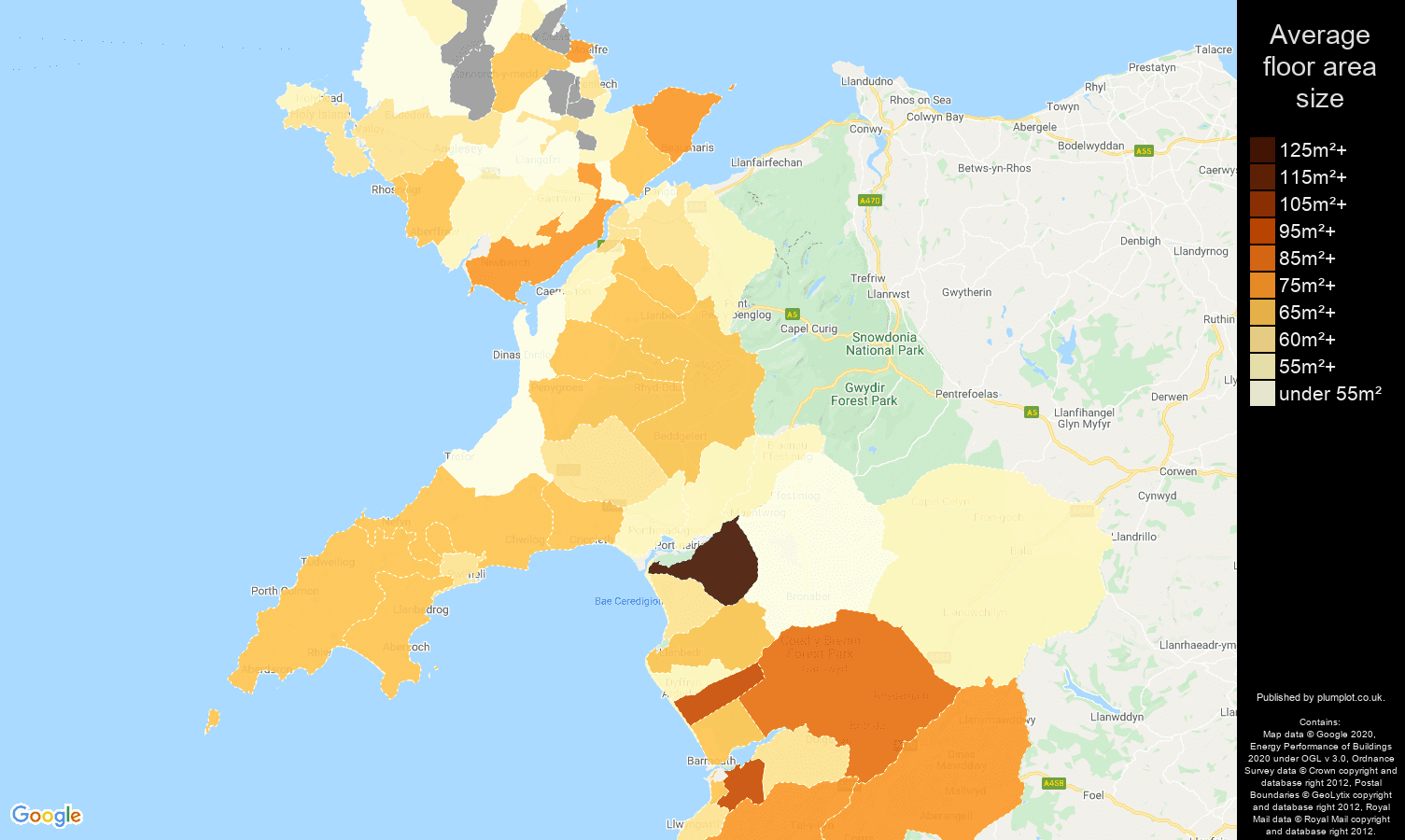 Gwynedd map of average floor area size of flats