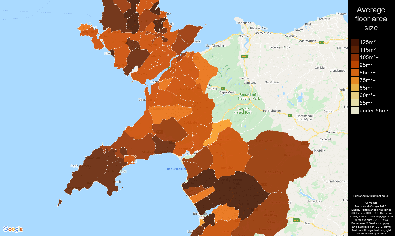 Gwynedd map of average floor area size of houses