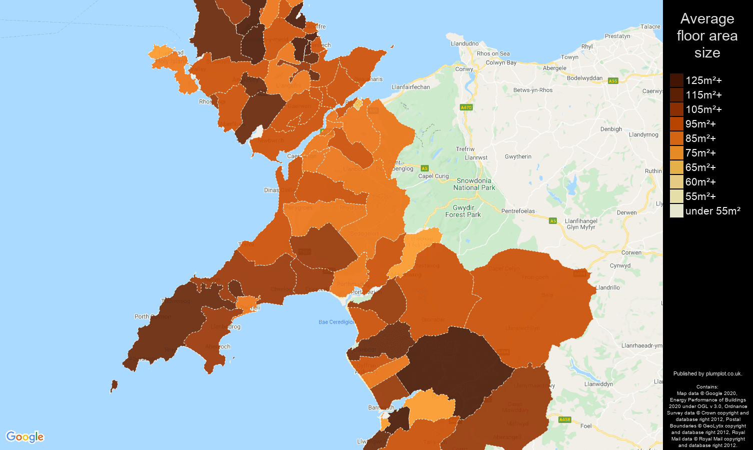 Gwynedd map of average floor area size of properties
