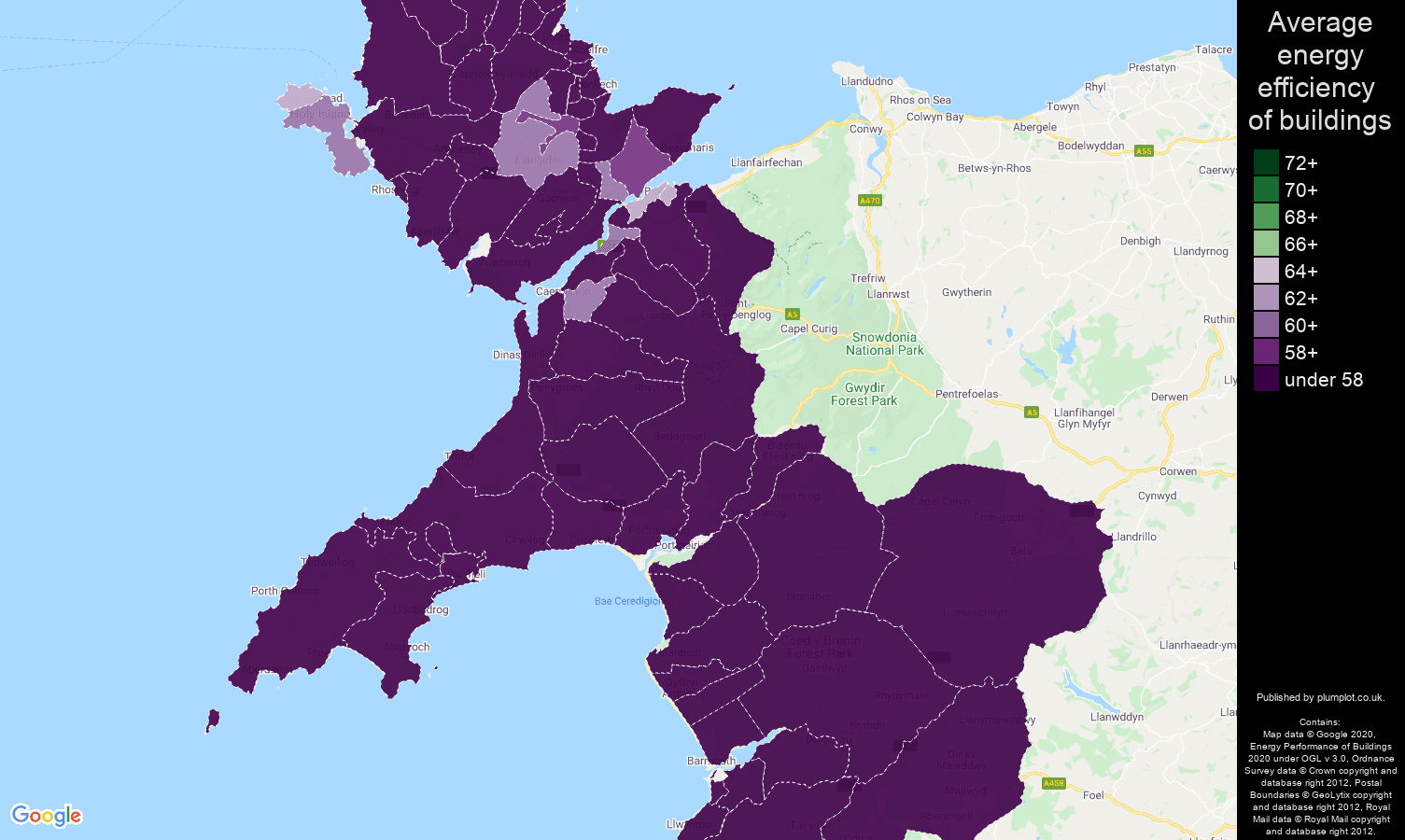 Gwynedd map of energy efficiency of houses