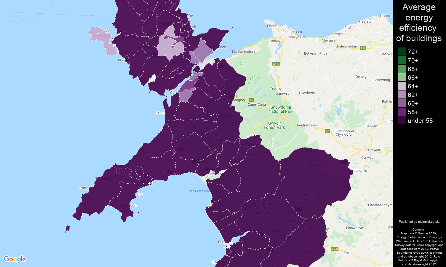 Gwynedd map of energy efficiency of properties
