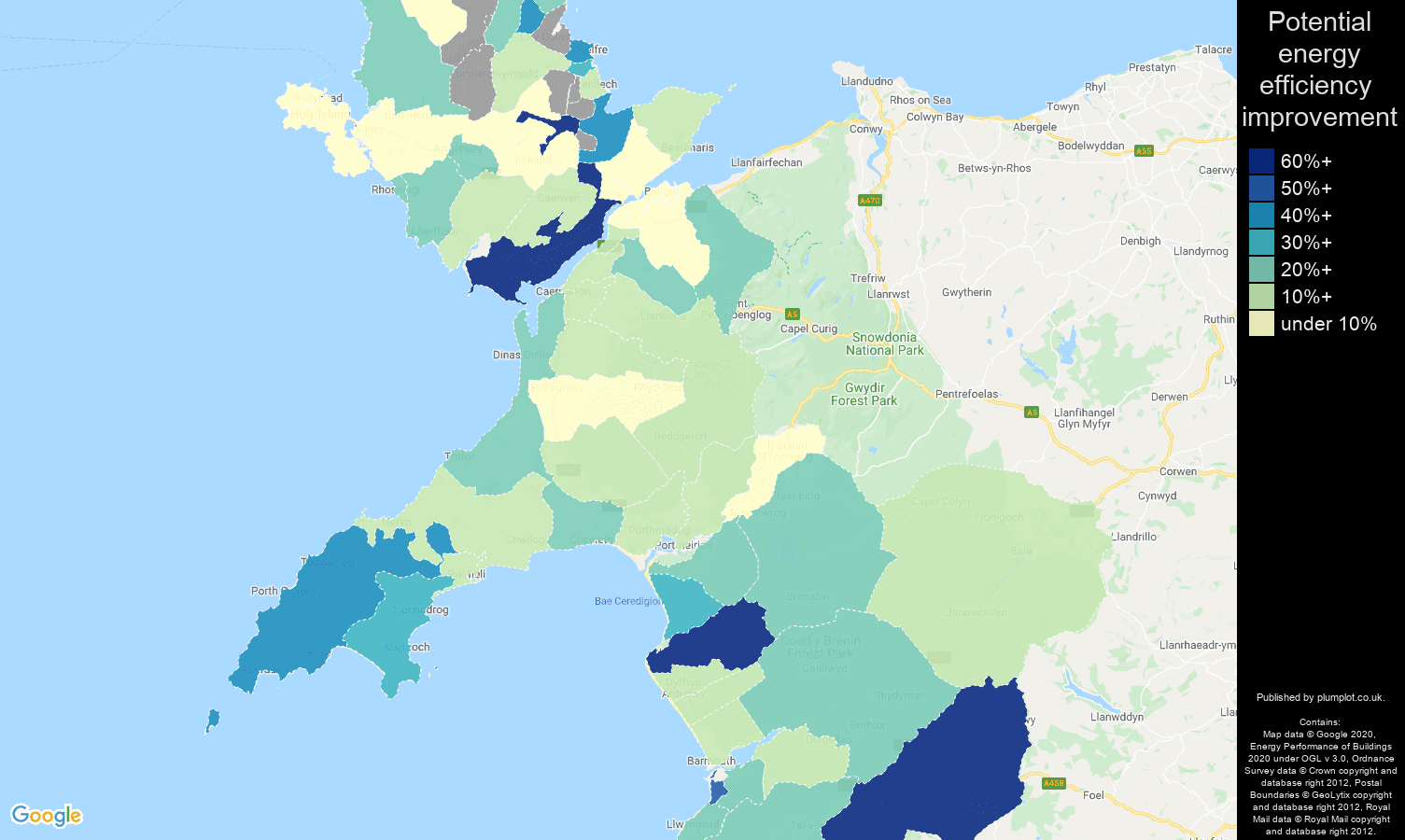 Gwynedd map of potential energy efficiency improvement of flats