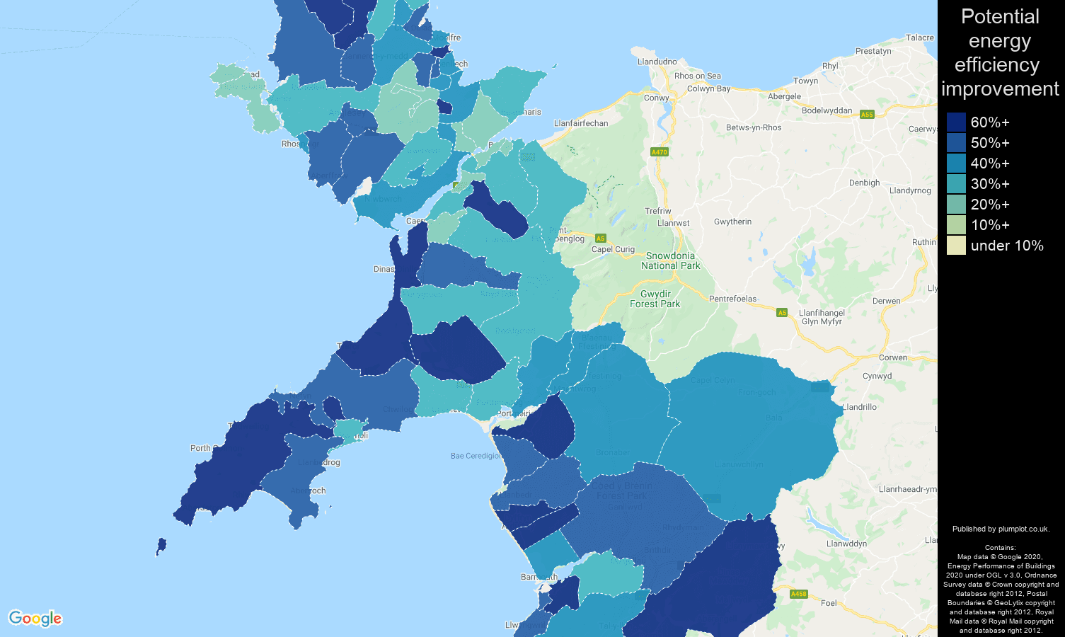 Gwynedd map of potential energy efficiency improvement of houses