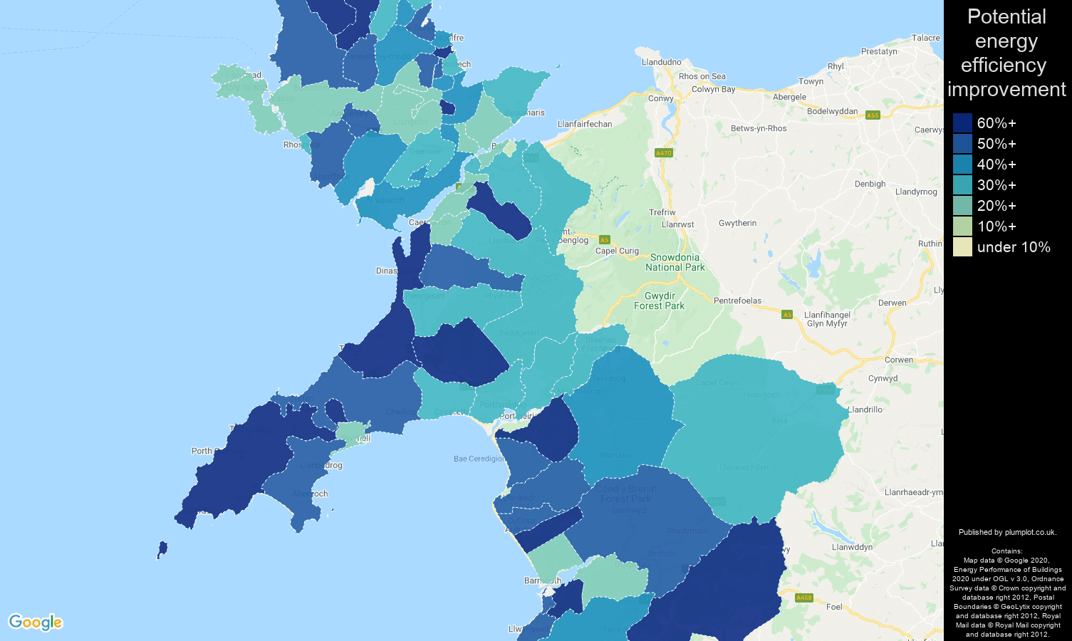 Gwynedd map of potential energy efficiency improvement of properties