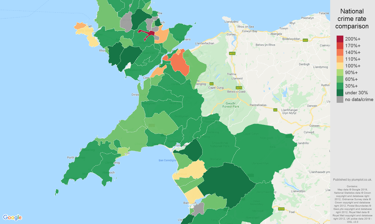 Gwynedd other theft crime rate comparison map