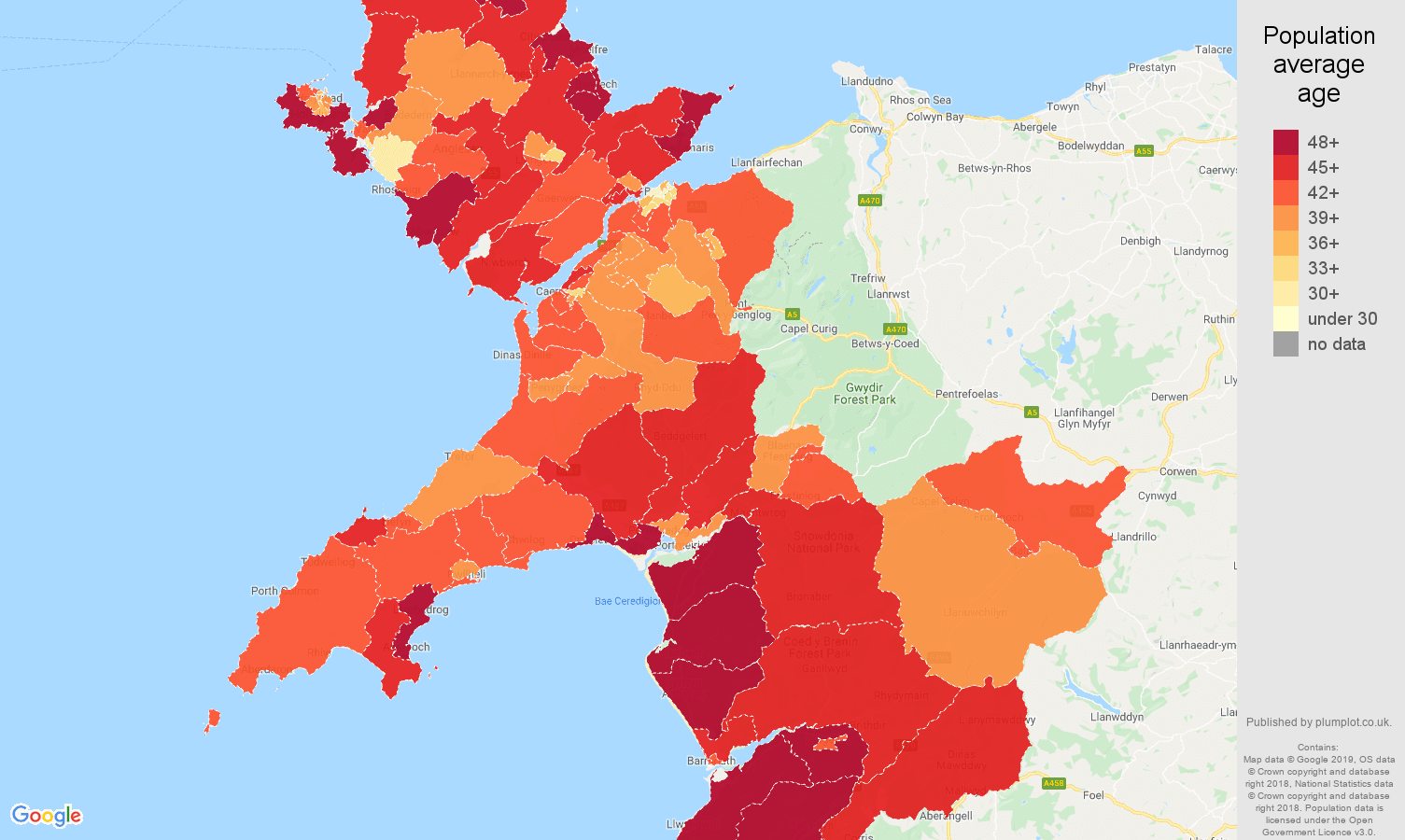 Gwynedd population average age map