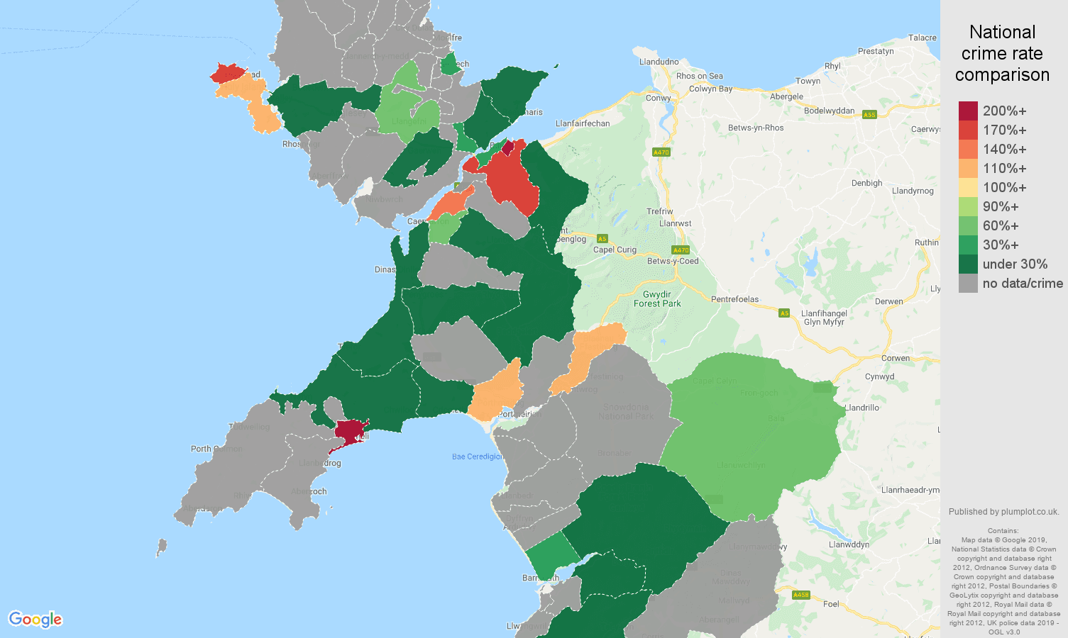Gwynedd shoplifting crime rate comparison map