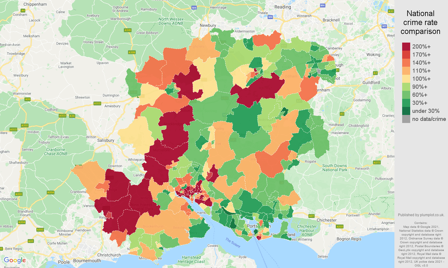 Hampshire burglary crime rate comparison map